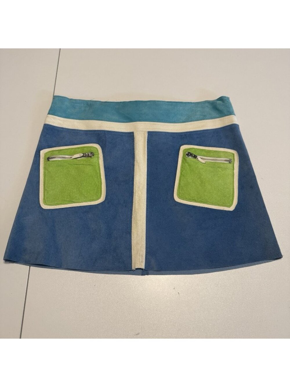 VTG Y2K Illia Colorblock Leather Skirt MOD Style Mini Size 6 Blue/Green Suede